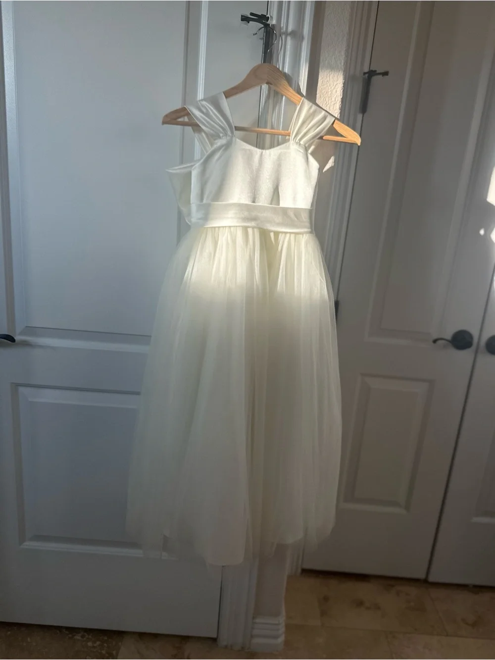 Ivory Tulle Formal Dress for Girls with Satin Waistband